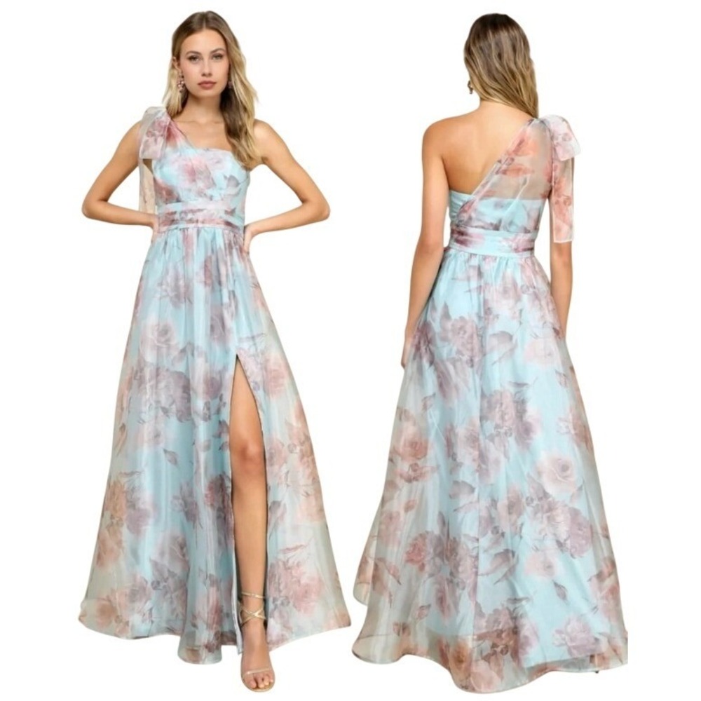 Lulus Blue Pink Dramatically Lovely Floral One-Shoulder Maxi Dress Organza S NWT